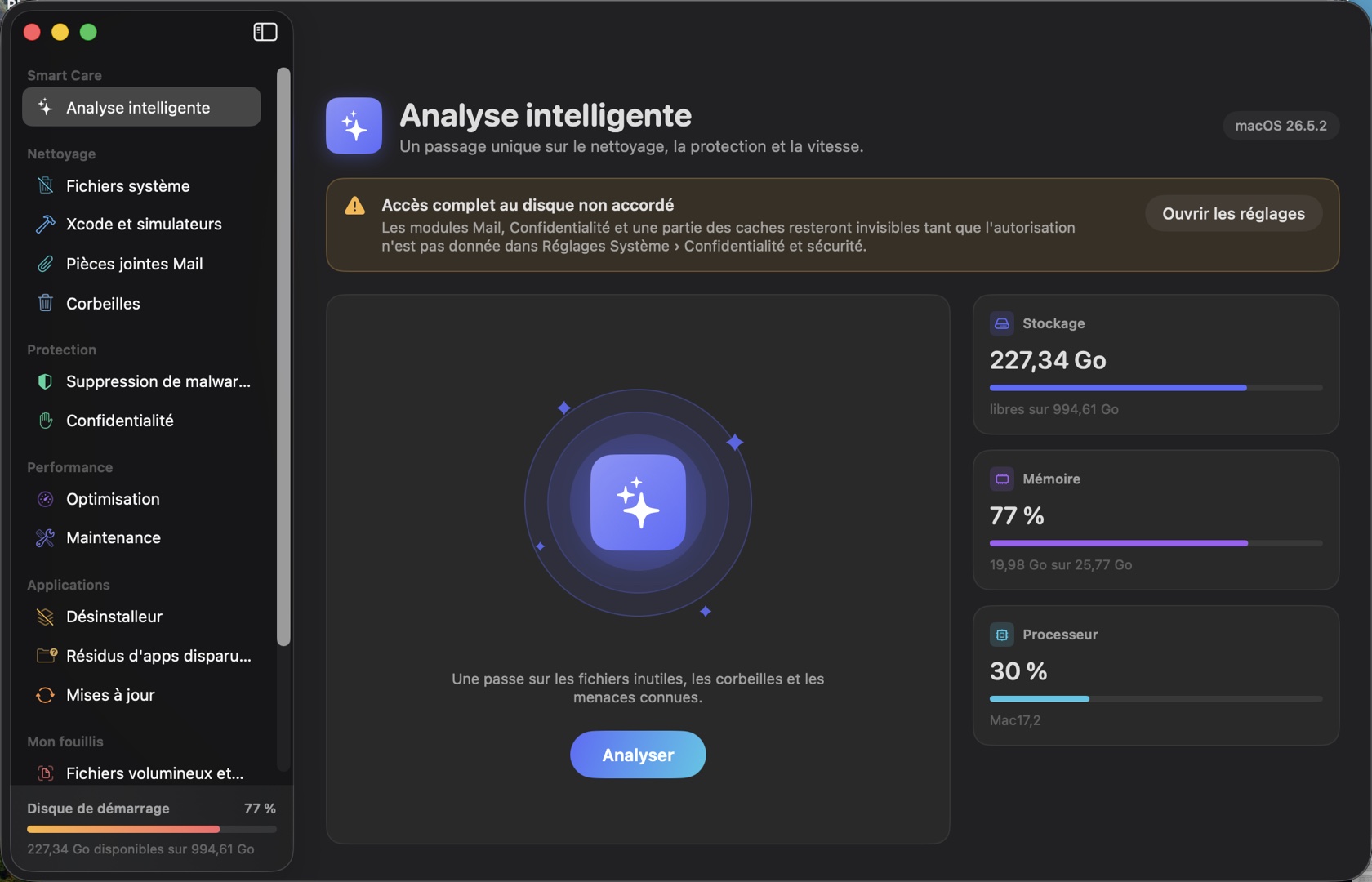 L'écran d'accueil de LoevlMac Pro : analyse intelligente, état du stockage, de la mémoire et du processeur.