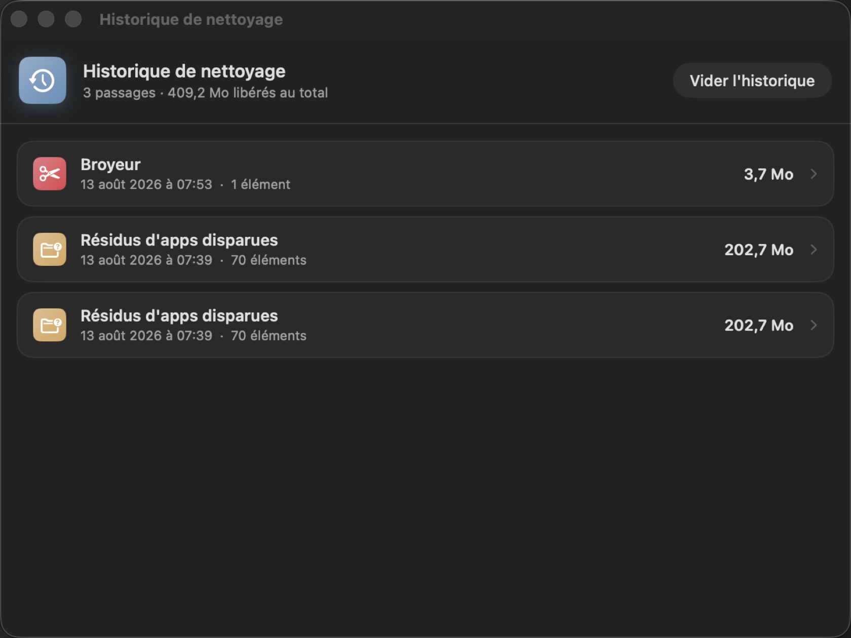 La fenêtre d'historique : trois passages, 409,2 Mo libérés au total, chaque session détaillée.