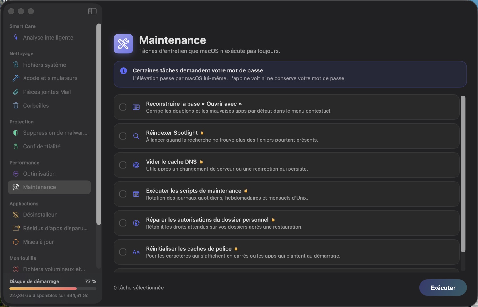 Le module Maintenance : sept tâches d'entretien avec leur description.