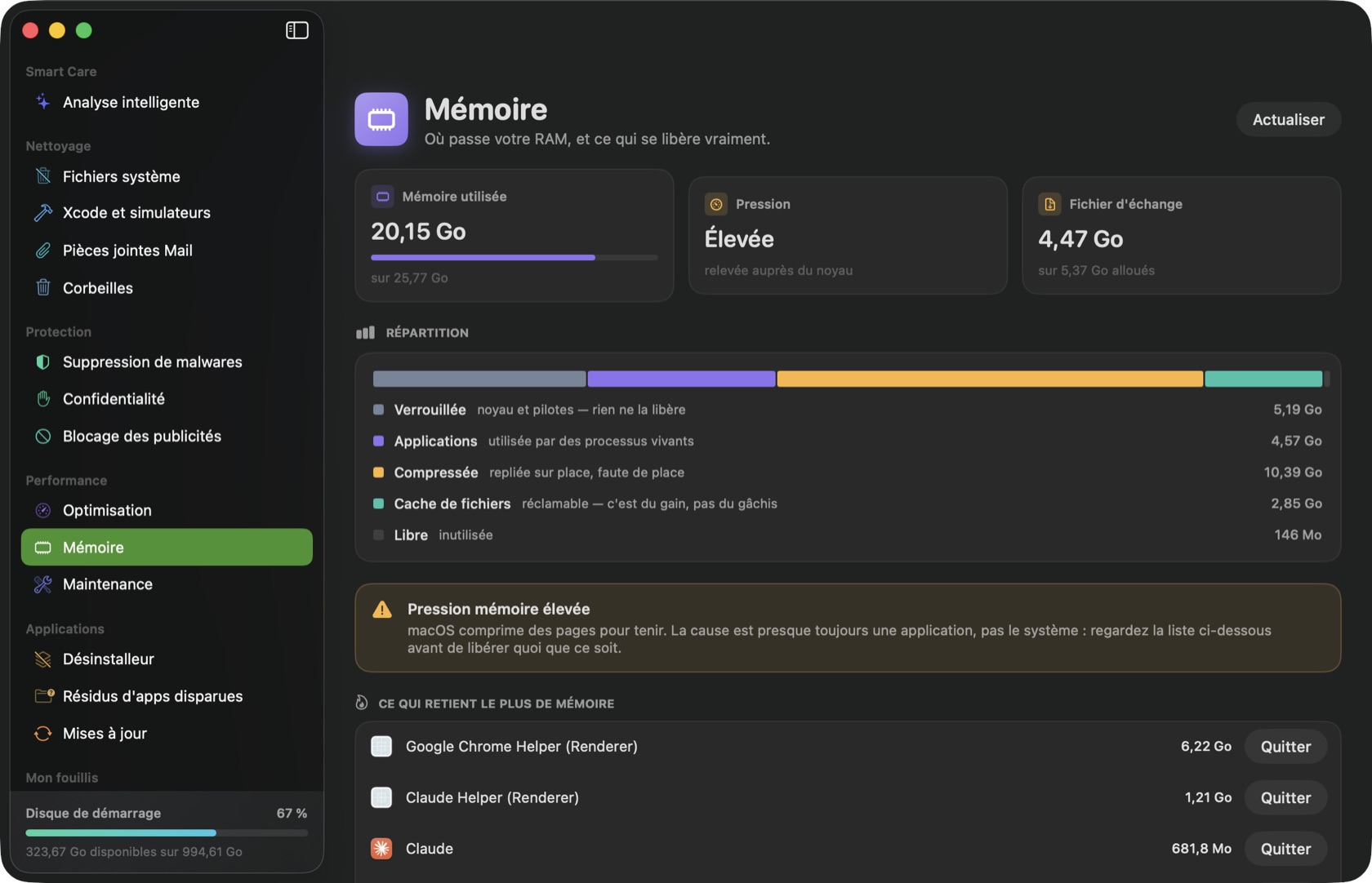 Le module Mémoire : mémoire utilisée, pression relevée auprès du noyau, fichier d'échange, la répartition en cinq parts et les applications qui retiennent le plus de mémoire.